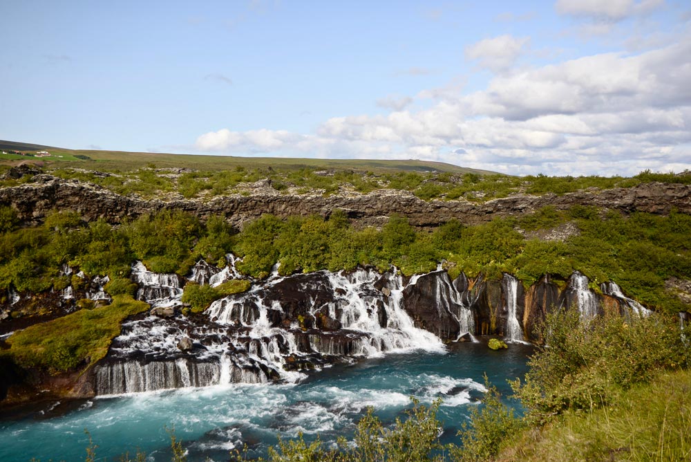 Hraunfossar waterfalls lava-falls blue water green birch leaves